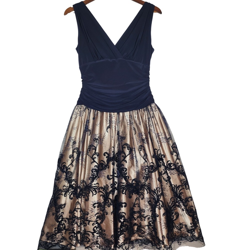 J.R. Nites by Carol Lin Fit & Flare Royal‎ Blue / Champagne Lace Skirt Dress 6